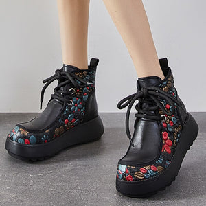 Women Genuine Leather Retro Lace-up Concise Boots