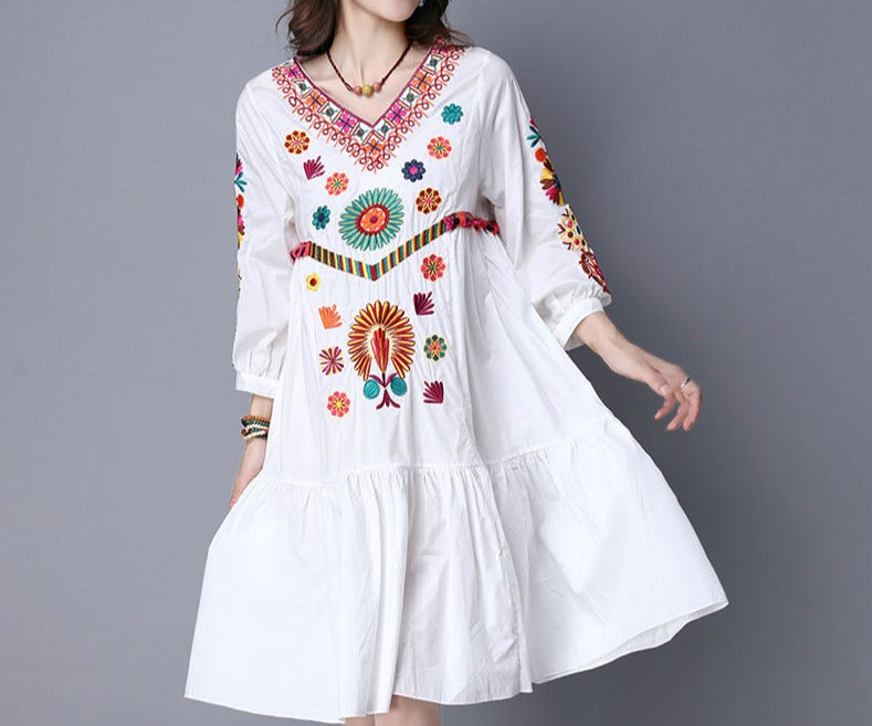 Women Vintage Bohemian Hippie Floral Embroidered Dress