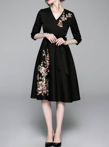 Women Floral Embroidery Vintage Cocktail Robe Dress