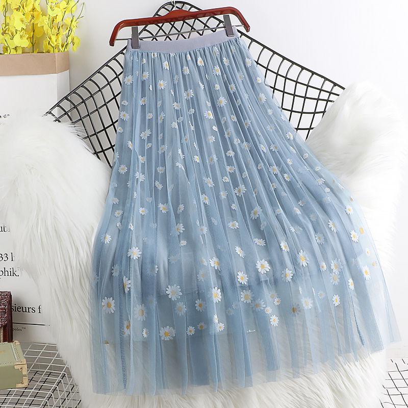 Women Floral Tulle Vintage Mesh Pleated Length Skirt