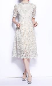 Women Princess Sleeve Lace O-Neck Slim Rushed Chic Dress