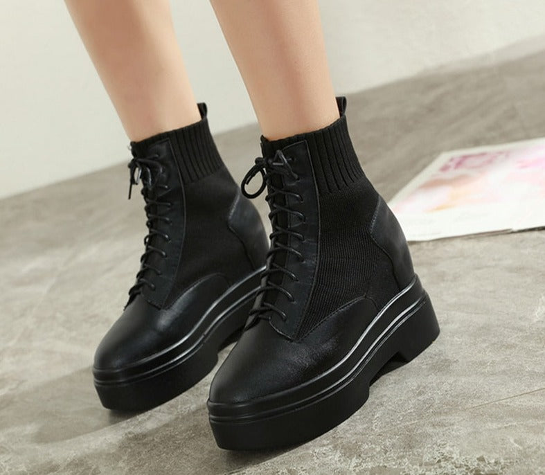 Women Chunky Combat Wedge Ankle Sock Boots