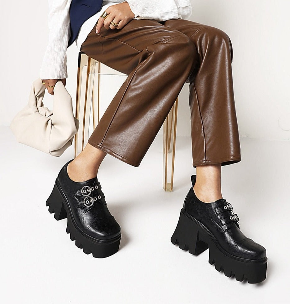 Women Vintage Buckle Block Heel Pumps Goth Shoes