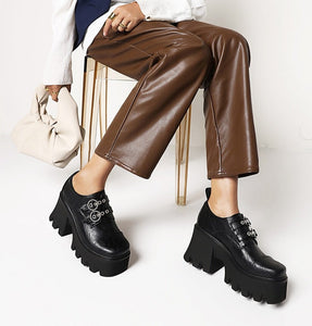 Women Vintage Buckle Block Heel Pumps Goth Shoes