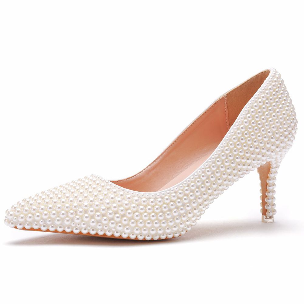 Women Pearl Handmade Wedding Shoes Bridal High Heels