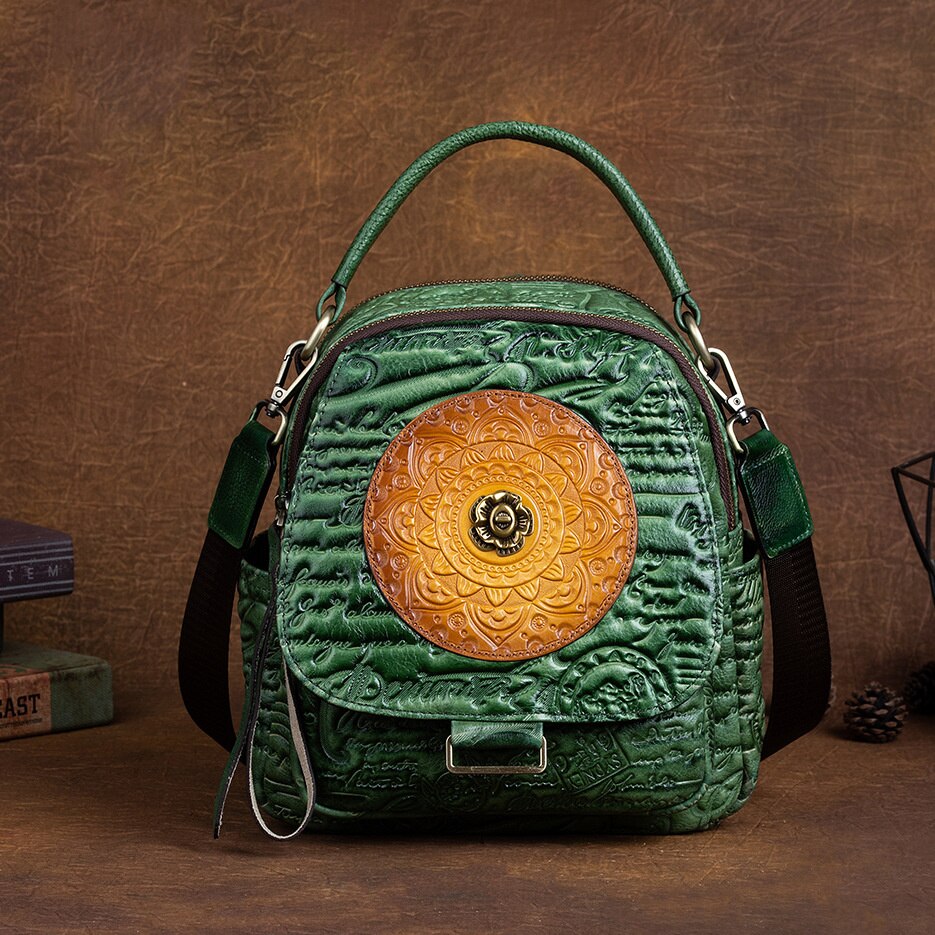 Women Floral Retro Cowhide Backpack Embossing Bag