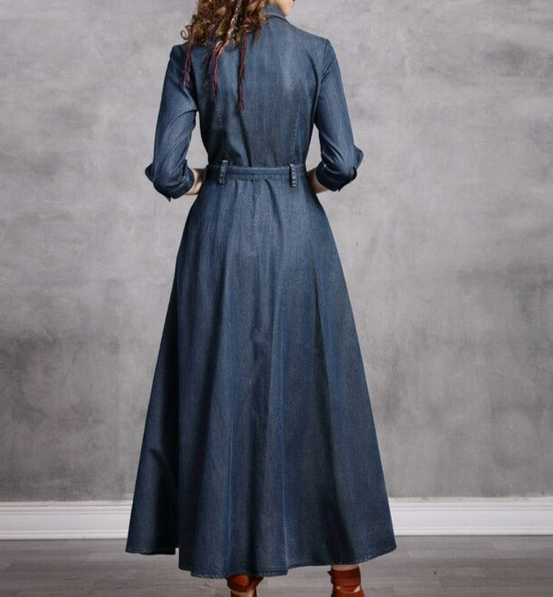 Women Boho Denim Turn-down Collar Dress