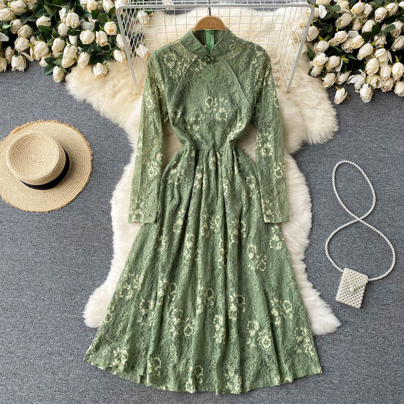 Women Vintage Lace Floral Slim Vestidos Elegant Dress