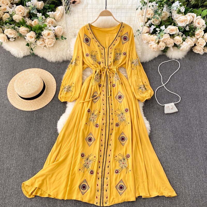 Women Embroidery Boho V-Neck Lantern Sleeve Dress