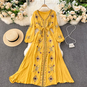 Women Embroidery Boho V-Neck Lantern Sleeve Dress