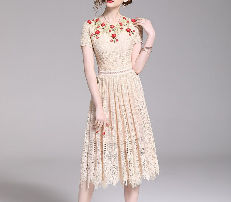 Women Floral Embroidery Vestidos Lace Festa Robe Dress
