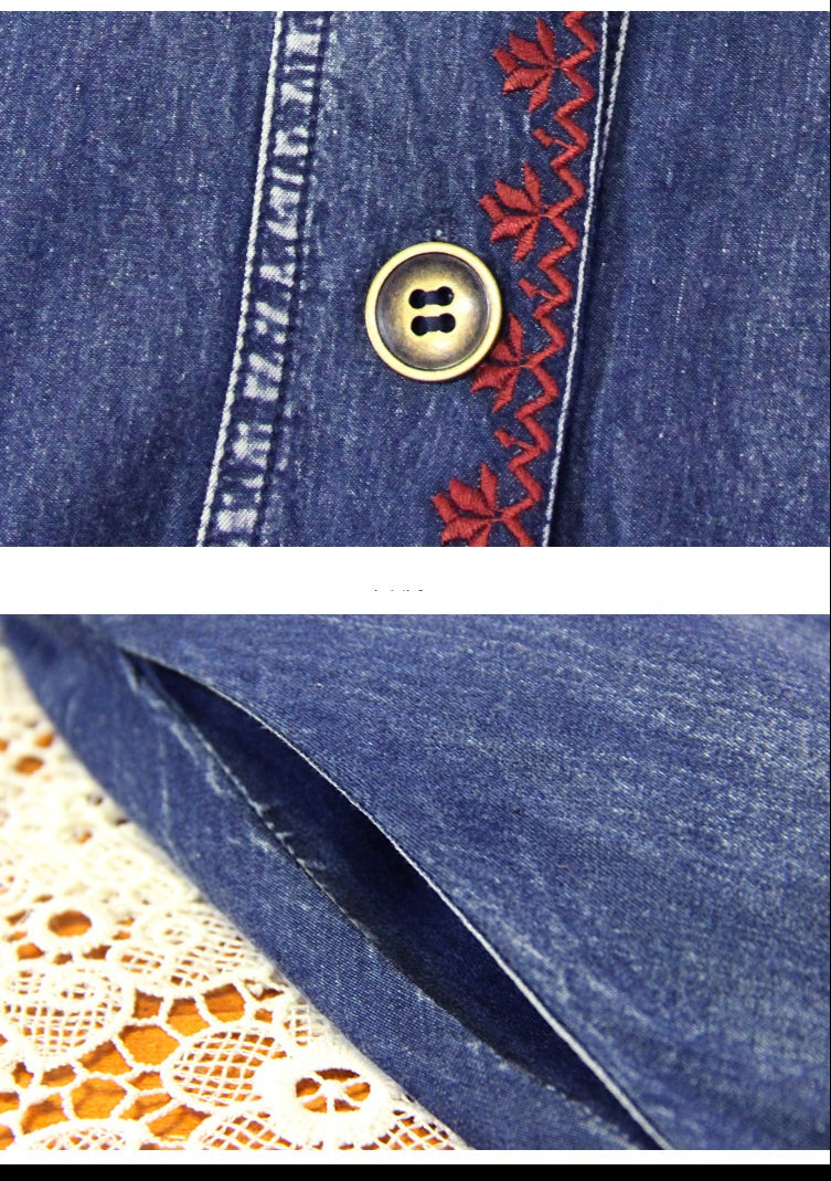 Woman Embroidery Boho Denim Vintage Belted Dress