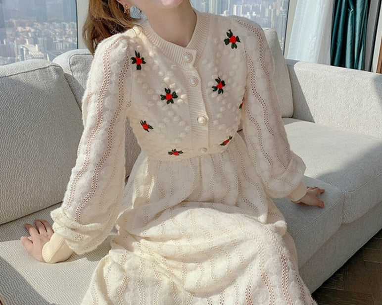 Women Embroidery Korea Style Slim Wool Knitting Dress