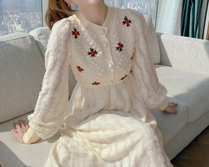 Women Embroidery Korea Style Slim Wool Knitting Dress