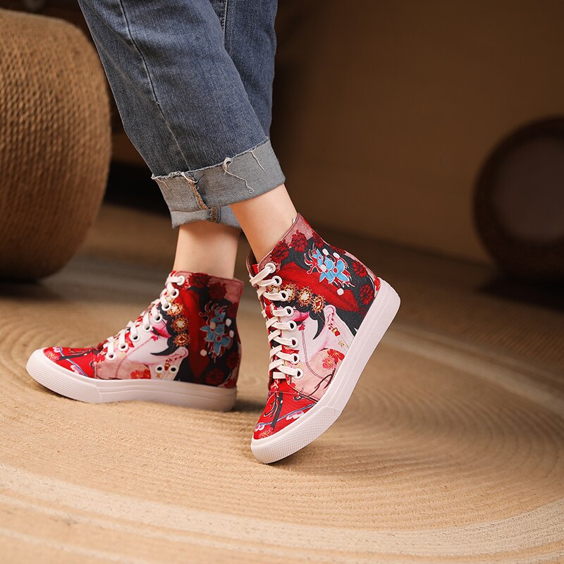 Women Peking Face Round Toe Lace Up Canvas Shoes