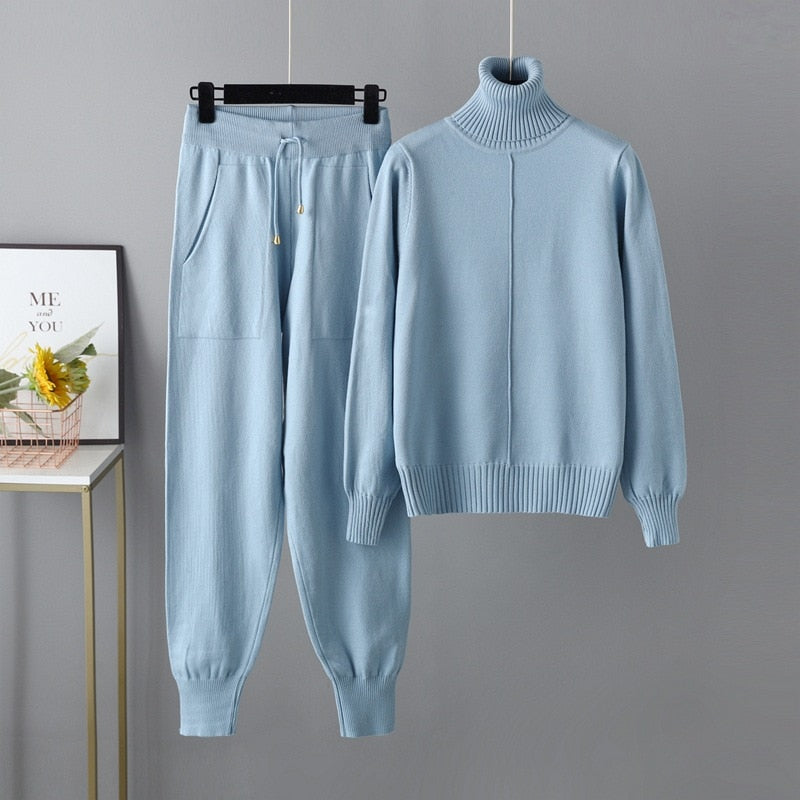 Women Knitted Tracksuit Turtleneck Sweater Carrot Jogging Pant 2 Pcs Set