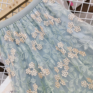 Women Embroidery Floral Mesh Long Skirt