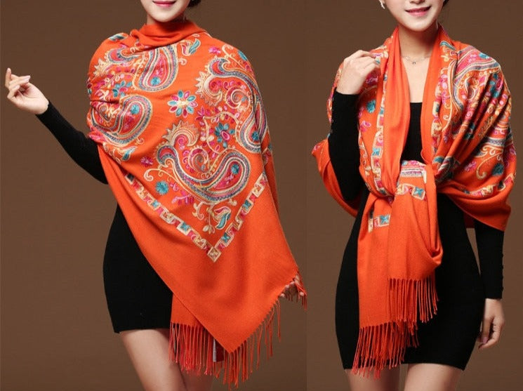 Women Floral Embroidery Shawl Pashmina Cashmere Scarf