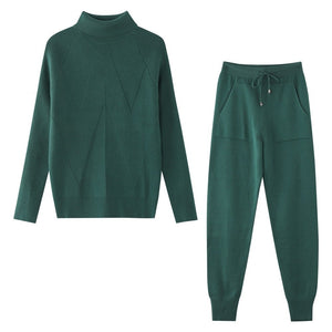 Women Striped Turtleneck Sweater Elastic Trouser Suits 2 Piece Set