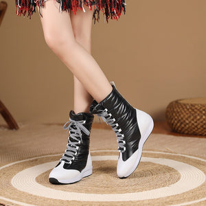 Women Down Patchwork Round Toe Cross Tie Ankle Snow Boots