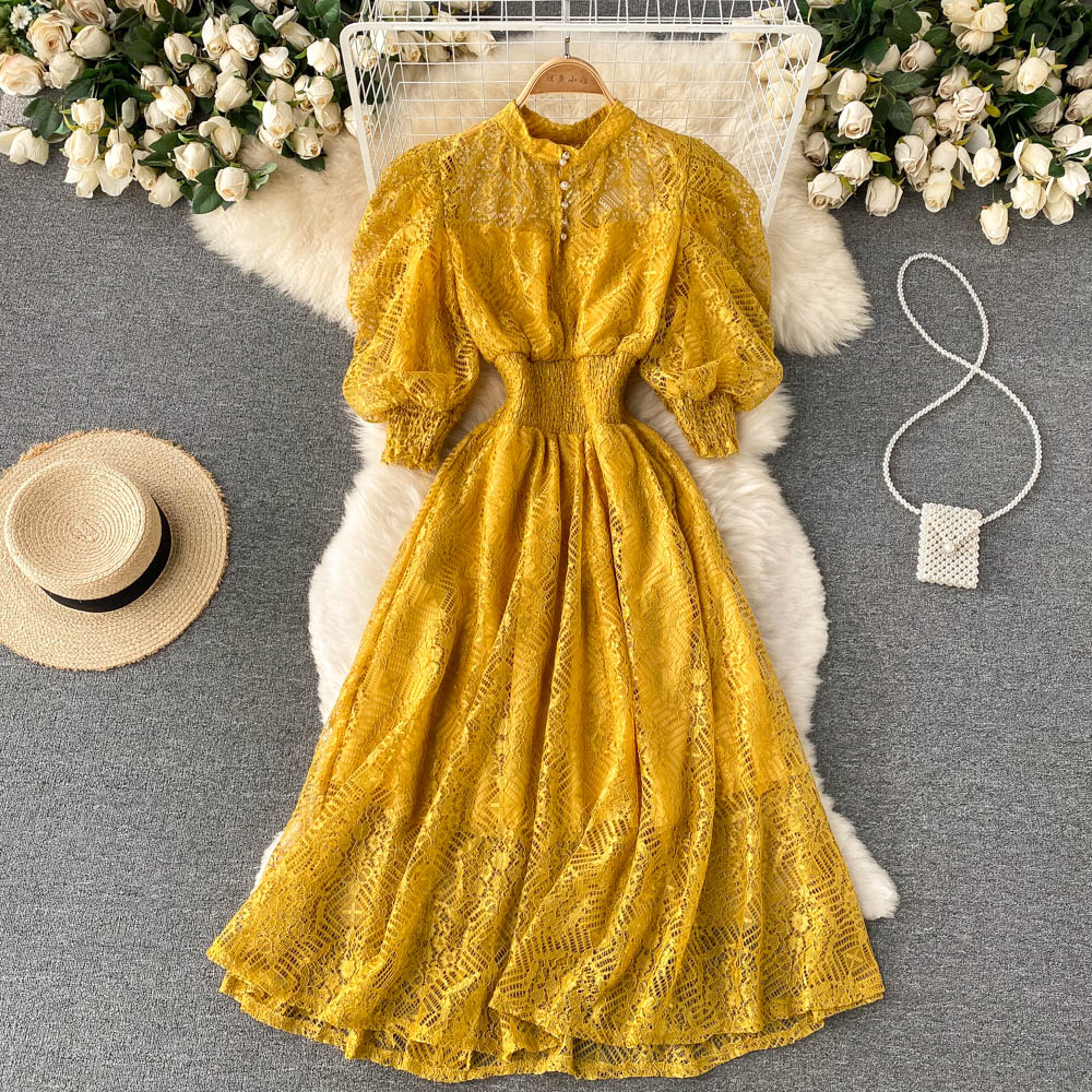 Women Stand Collar Puff Sleeve Elegant Vintage Lace Dress