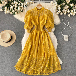 Women Stand Collar Puff Sleeve Elegant Vintage Lace Dress
