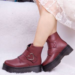 Women Heart Button Buckle Strip Ankle Martin Boots