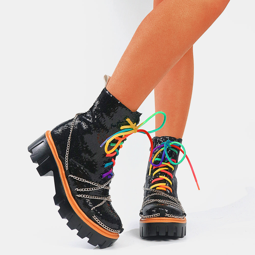 Women Motorcycle Chunky Heel Brand Chains Punk Combat Boots