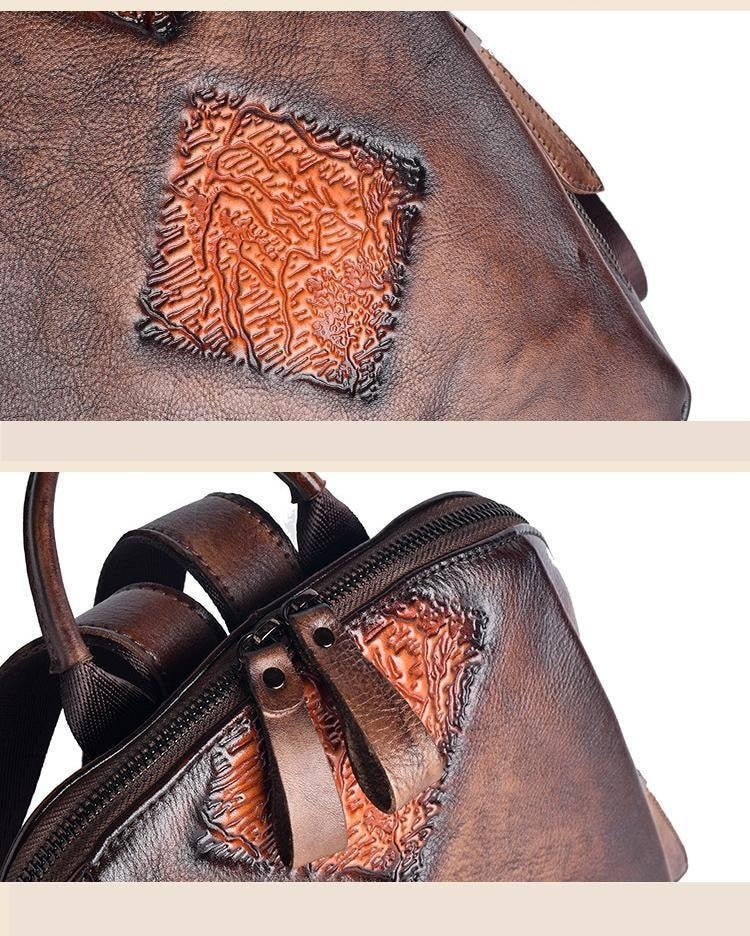 Women Handmade Retro Embossed Floral Leather Backpack