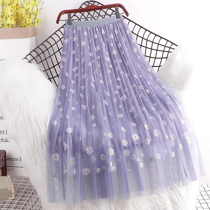 Women Floral Tulle Vintage Mesh Pleated Length Skirt