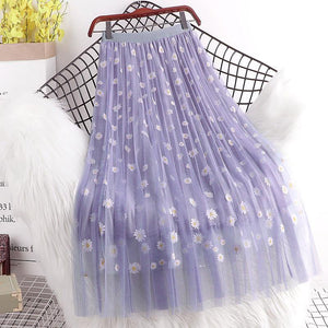 Women Floral Tulle Vintage Mesh Pleated Length Skirt
