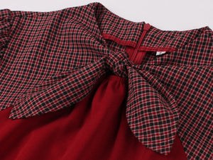 Women Plaid Bow Vintage Dress