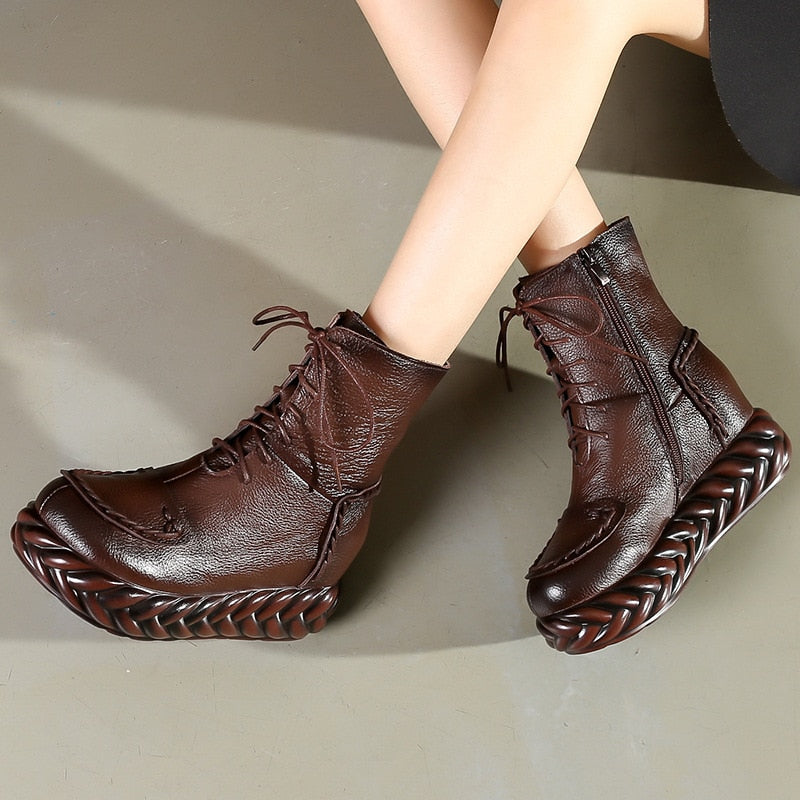 Women Vintage Genuine Leather Ankle Cowhide Lace-Up Boots