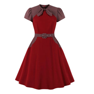 Women Plaid Bow Vintage Dress