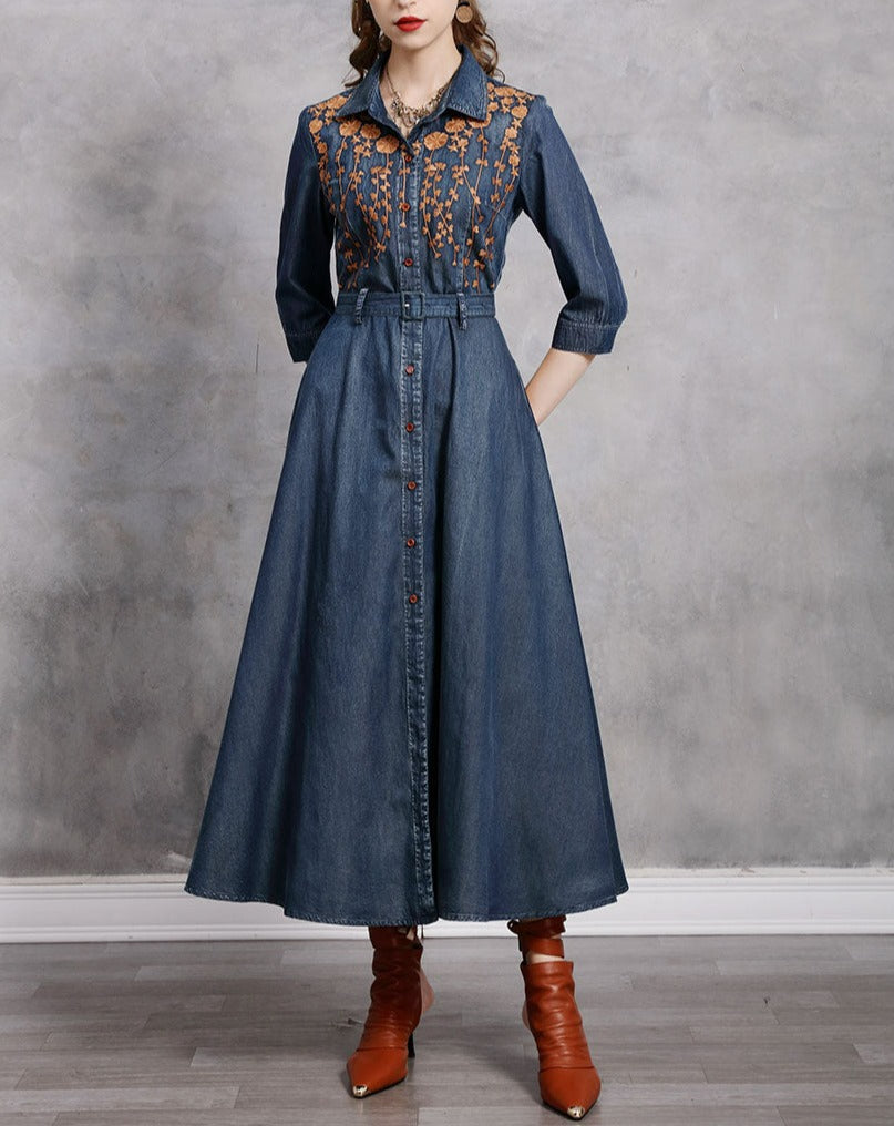 Women Boho Denim Turn-down Collar Dress