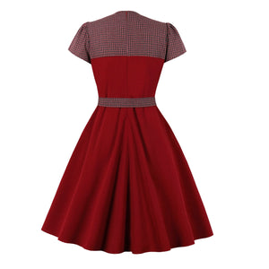 Women Plaid Bow Vintage Dress