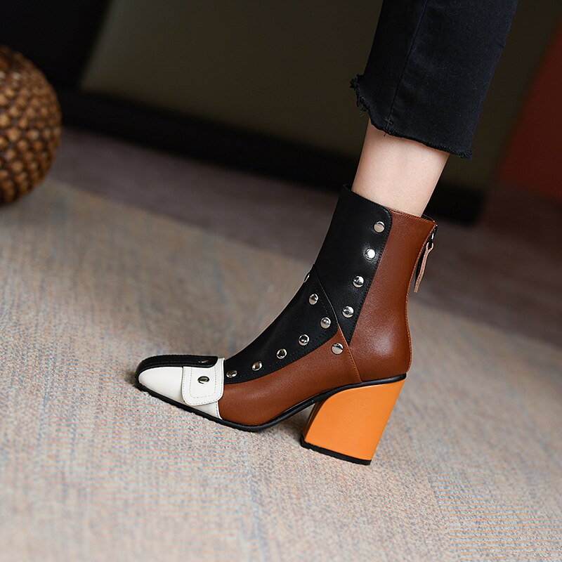 Women Genuine Leather High Heels Block Ankle Boots