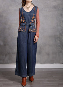 Women Embroidery Boho Denim Vintage Jumpsuit