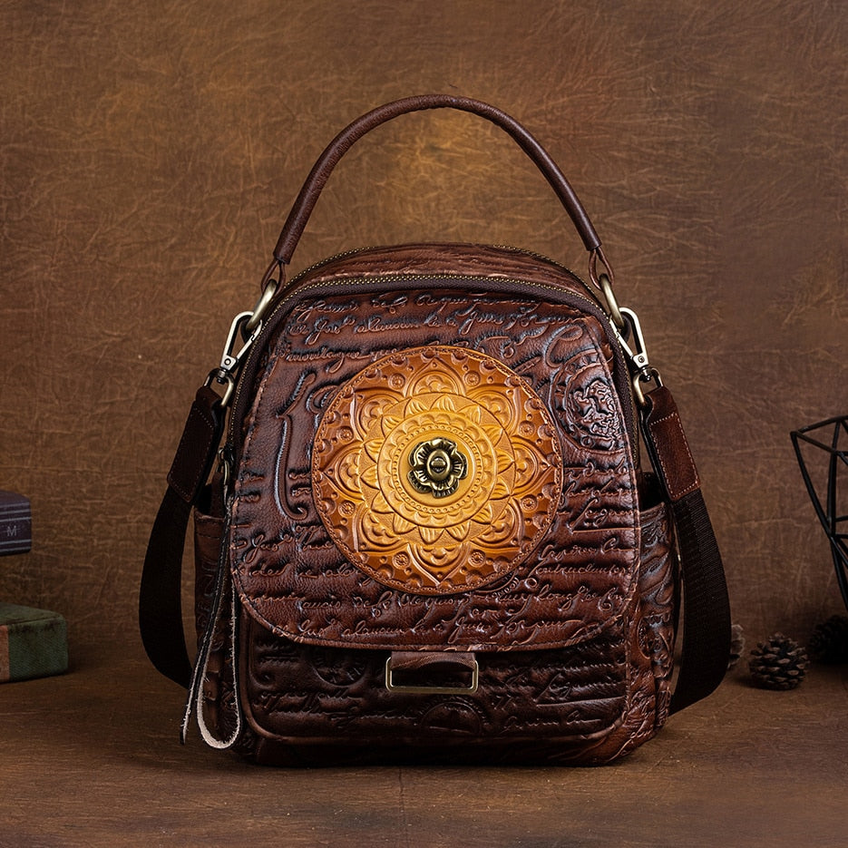 Women Floral Retro Cowhide Backpack Embossing Bag