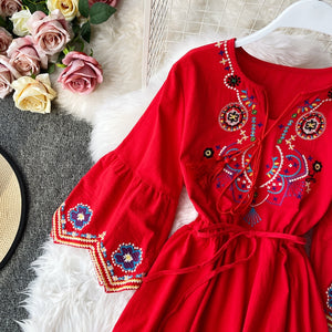 Women Embroidery Lacing Long A-line Dress