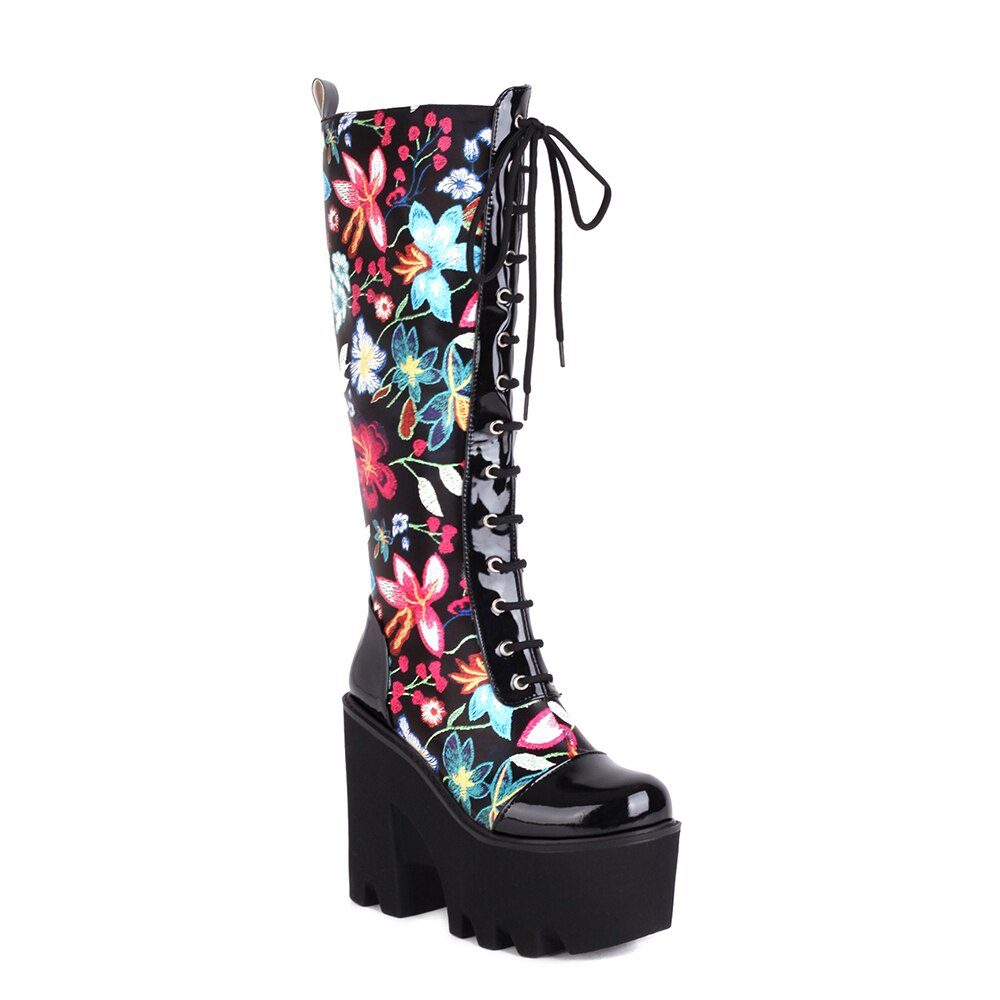 Women Floral Texture Cross Strap Knee-Length Boots
