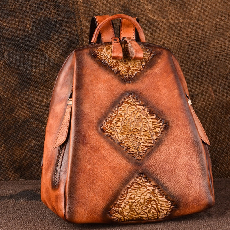 Women Handmade Retro Embossed Floral Leather Backpack