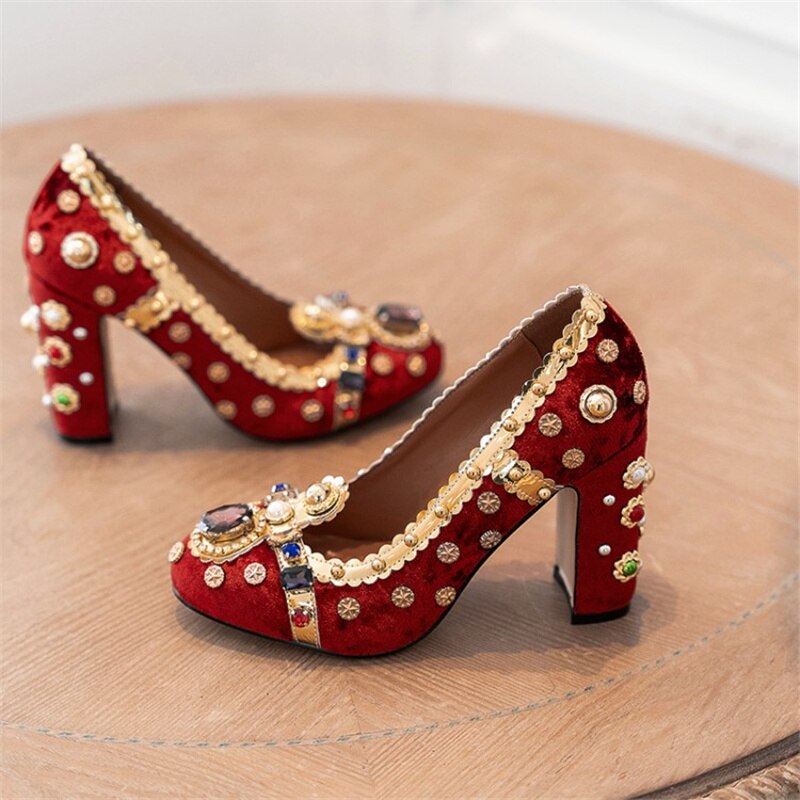 Women Retro High Heels Velvet Rhinestone Rivets Shoes