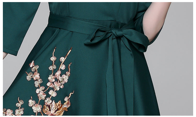 Women Floral Embroidery Vintage Cocktail Robe Dress