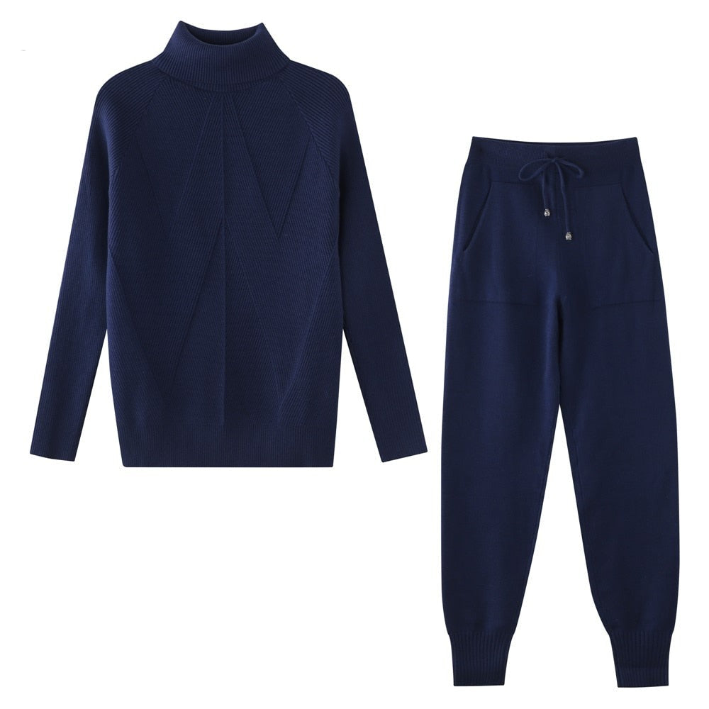 Women Striped Turtleneck Sweater Elastic Trouser Suits 2 Piece Set
