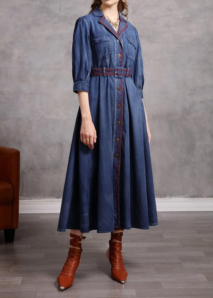 Woman Embroidery Boho Denim Vintage Belted Dress