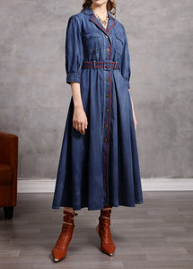 Woman Embroidery Boho Denim Vintage Belted Dress