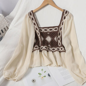 Women Korean Blouse Floral Lace Retro Hollow Shirt