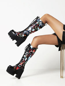 Women Floral Texture Cross Strap Knee-Length Boots