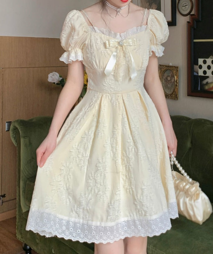 Women French Fairy Slim Vintage Square Collar Design Dress